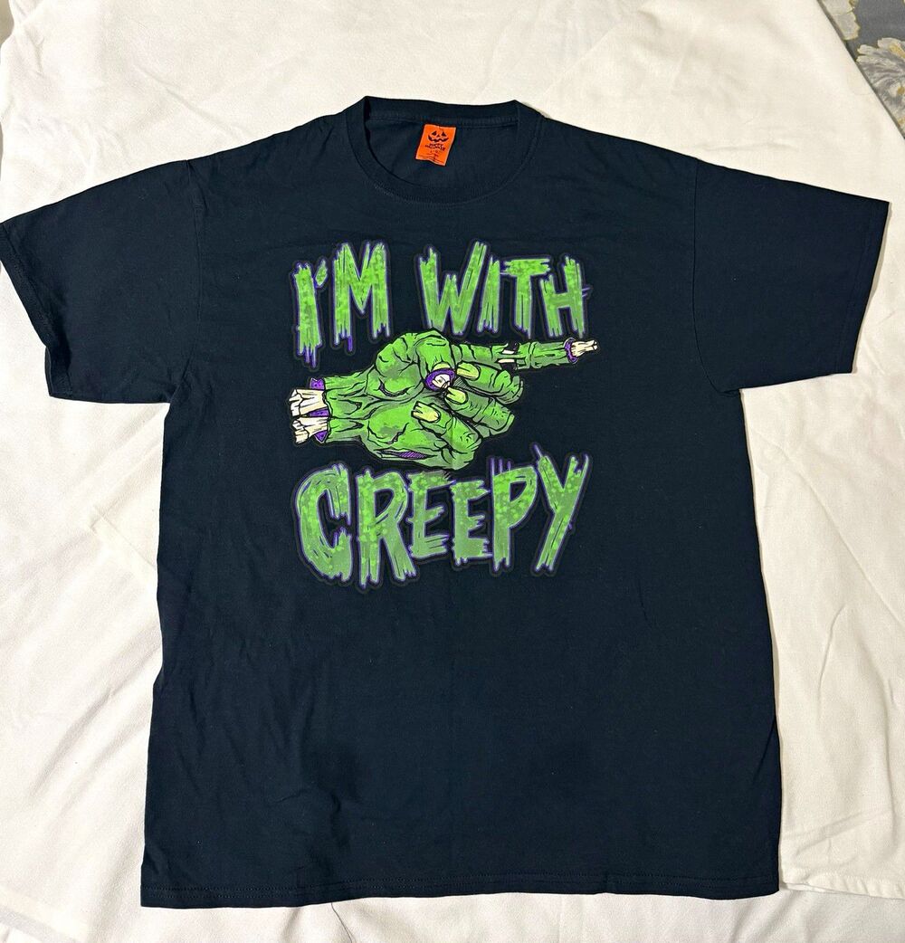 Happy Halloween Men’s L Black “I’m With Creepy” Graphic Cotton Knit Crew Tee